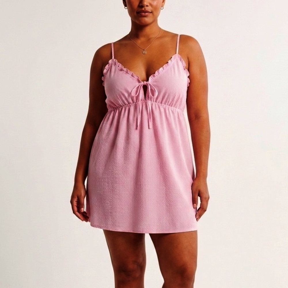 Abound Coquette Pink Gingham Ruffle Mini Dress Tie Front Chemise Slip Size M
